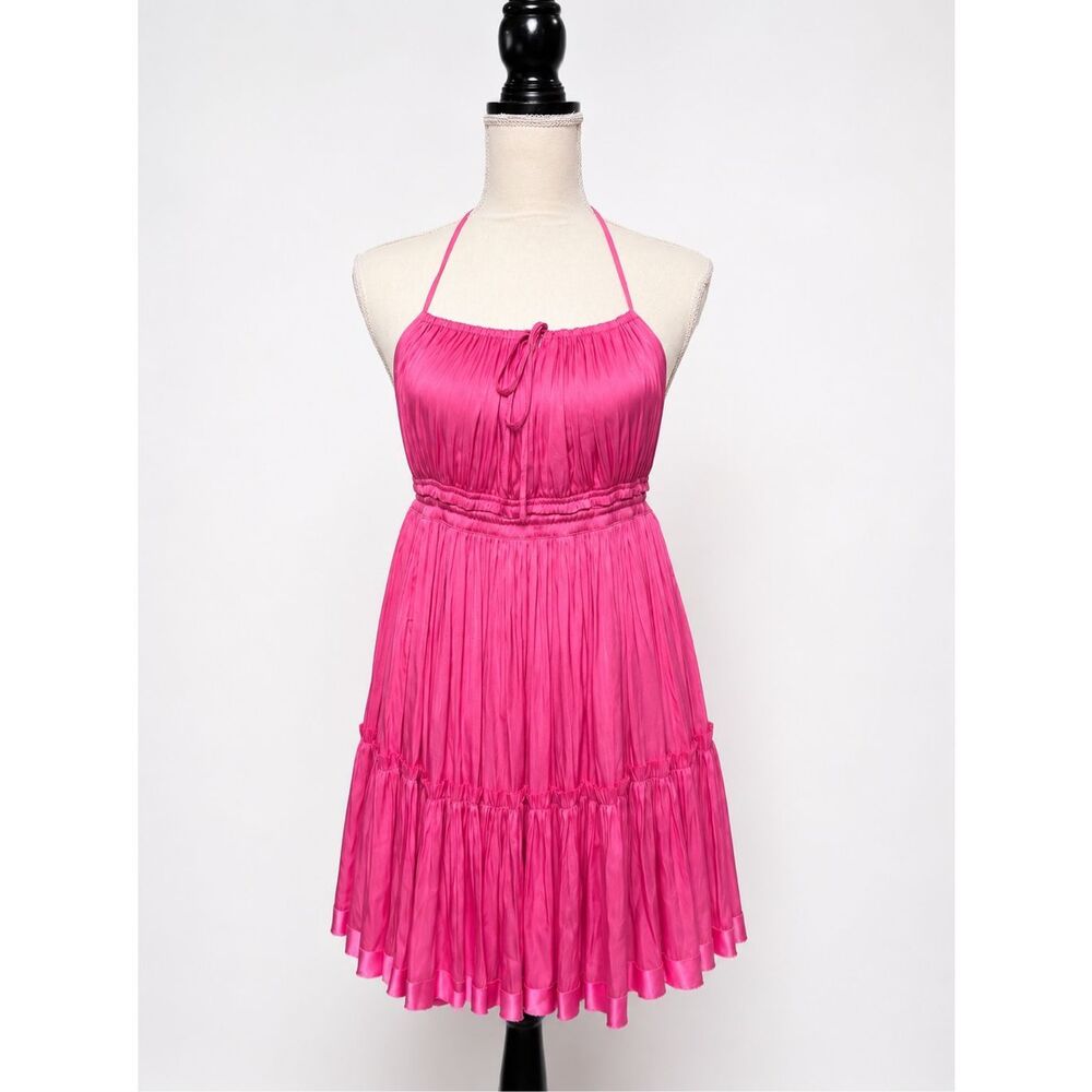 RESET Pink Halter Mini Dress Size M Open Back Pleated Satin Babydoll Coquette